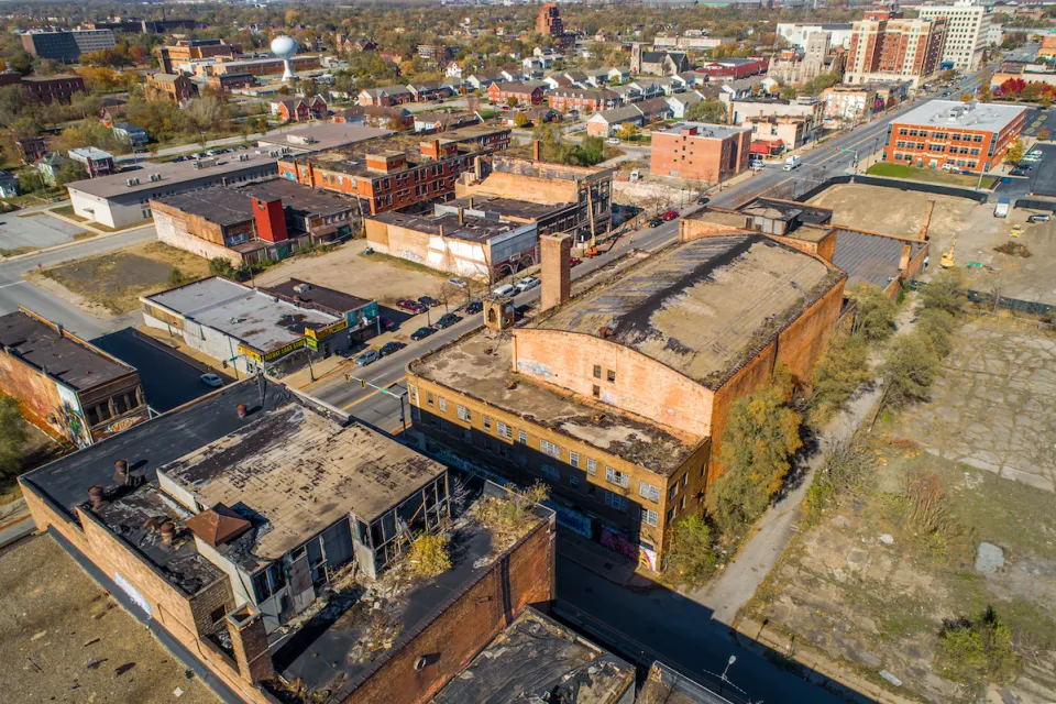 Aerial view of derelict brick buildings in post-industrial Gary, Indiana.